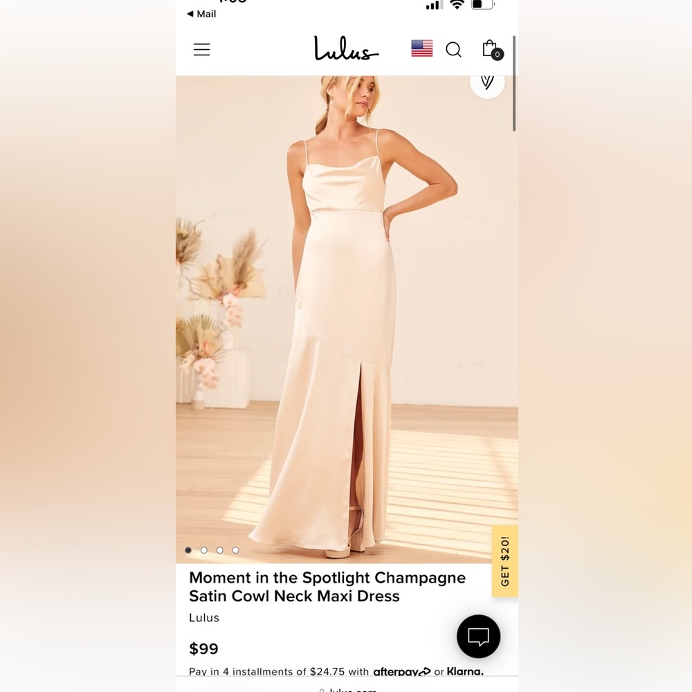 NWT- lulus Moment in the Spotlight Champagne Satin Cowl Neck Maxi Dress